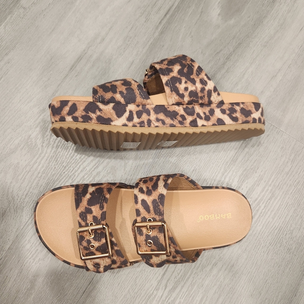 NWT, "Louis Vuitton-styled" Leopard Print Double-Buckle Slide Sandals - Size 8